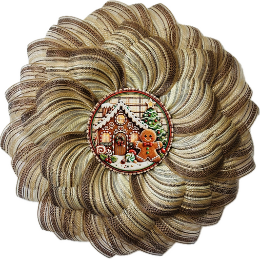 Warm tan, creme and brown tone deco mesh flower wreath featuring a 3D gingerbread house and cookie center for Christmas by Monkey's Creations.  