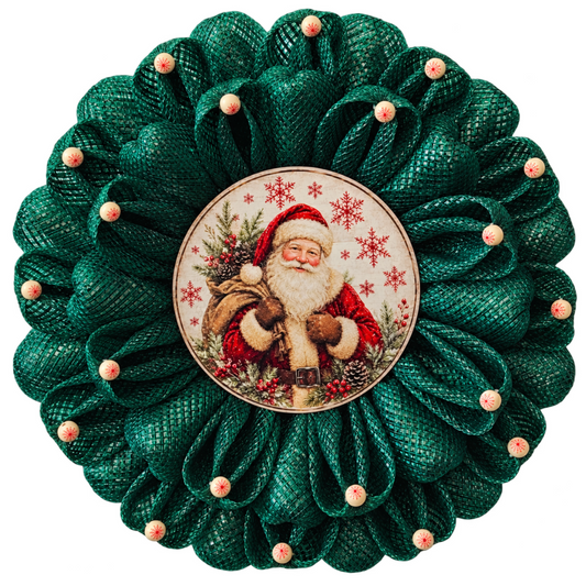 Hunter Green 3D flower wreath with beaded flower petals and a vintage Santa Claus center by Monkey's Creations.