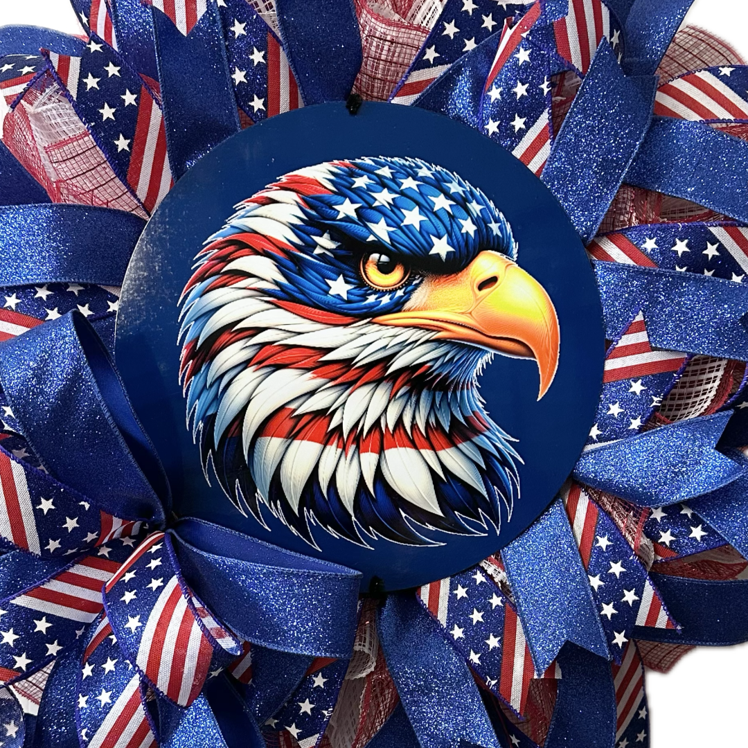 Patriotic wreath with American flag ribbons and a stars and stripes themed eagle wreath sign by Monkey's Creations