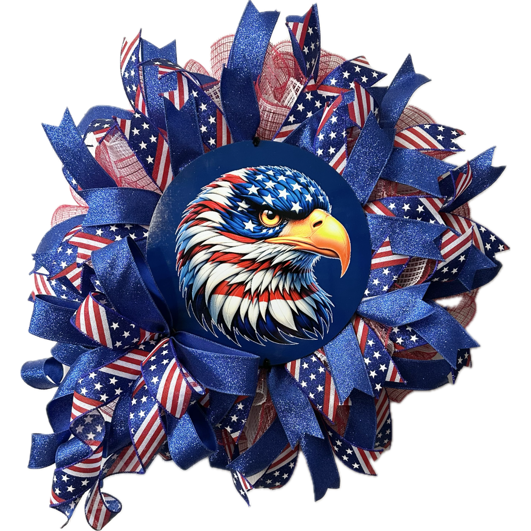 Patriotic wreath with American flag ribbons and a stars and stripes themed eagle wreath sign by Monkey's Creations