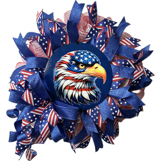 Patriotic wreath with American flag ribbons and a stars and stripes themed eagle wreath sign by Monkey's Creations