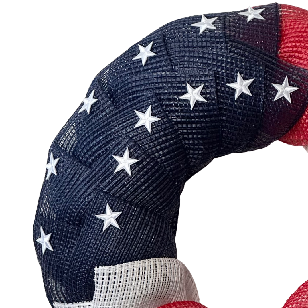 Red white and blue American flag themed wreath with white stars designed by Monkey's Creations