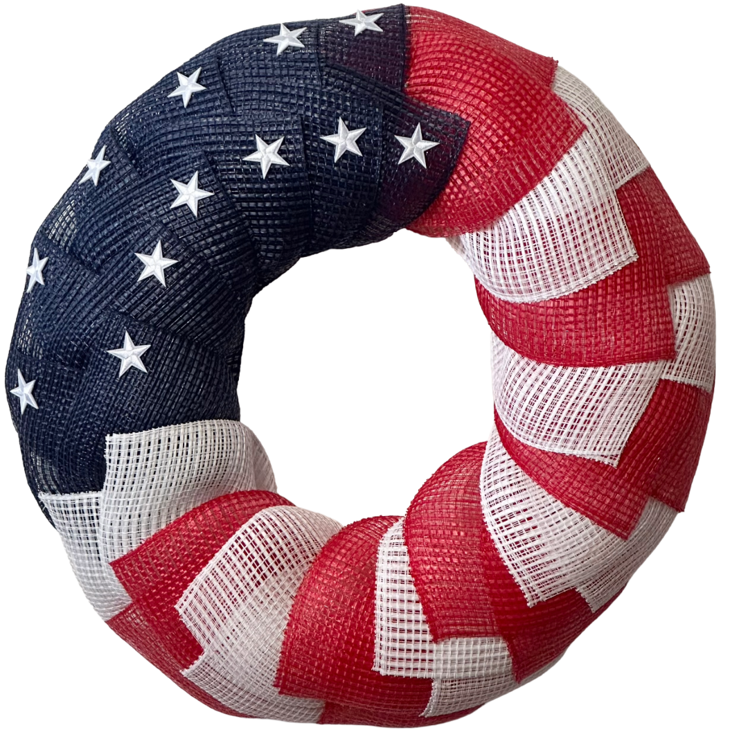 Red white and blue American flag themed wreath with white stars designed by Monkey's Creations