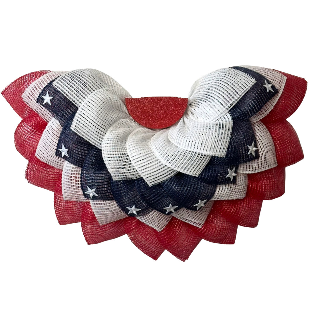 Americana bunting wreath with red white and blue deco mesh with stars by Monkey's Creations.
