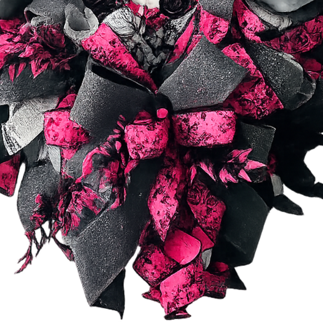 A deco mesh and ribbon Halloween wreath featuring a black and pink theme with a ghost metal wreath sign and pink and black picks by Monkey's Creations. 
