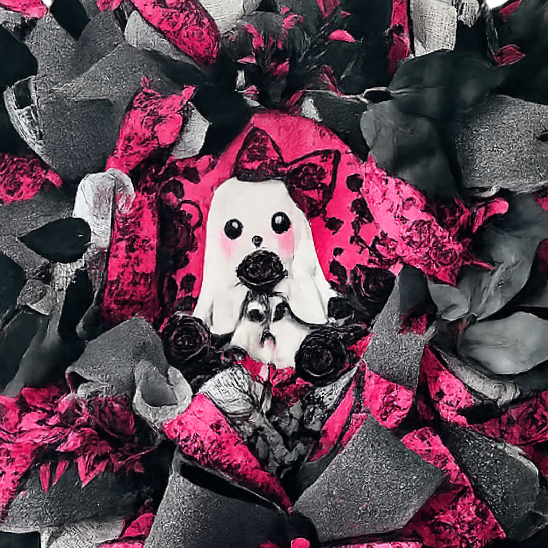 A deco mesh and ribbon Halloween wreath featuring a black and pink theme with a ghost metal wreath sign and pink and black picks by Monkey's Creations. 