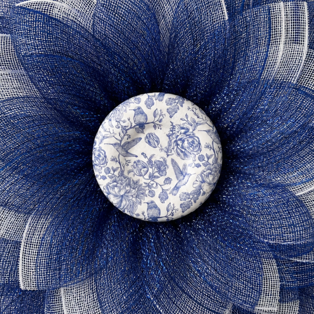 Decorative flower wreath with blue and white deco mesh and floral chinoiserie center 