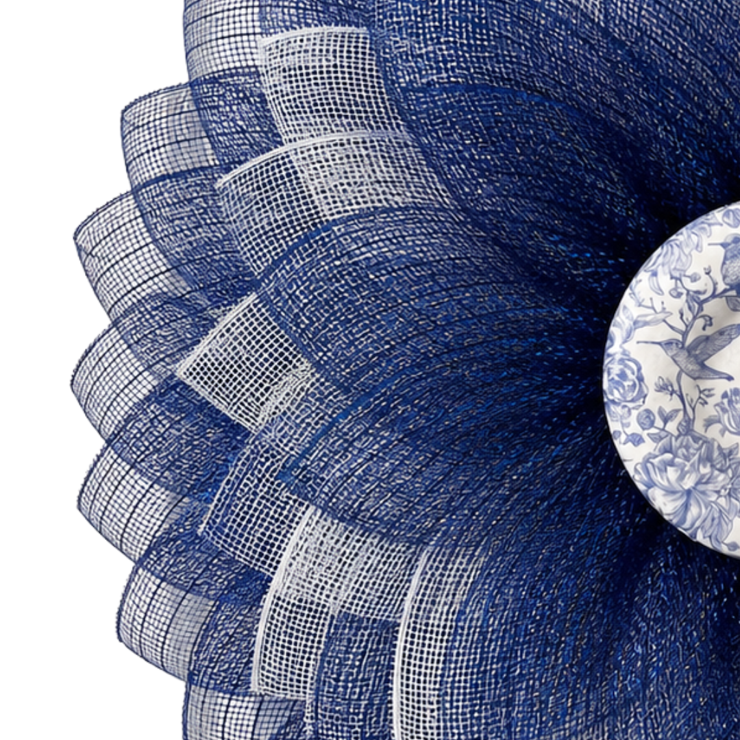 Decorative flower wreath with blue and white deco mesh and floral chinoiserie center 