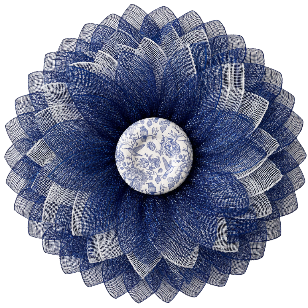 Decorative flower wreath with blue and white deco mesh and floral chinoiserie center 