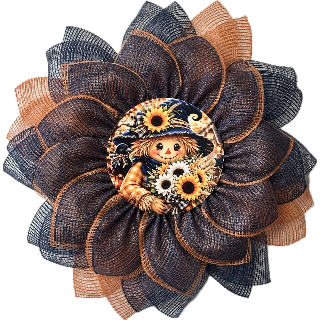 Orange and blue deco mesh flower wreath with a scarecrow center by Monkey's Creations. 
