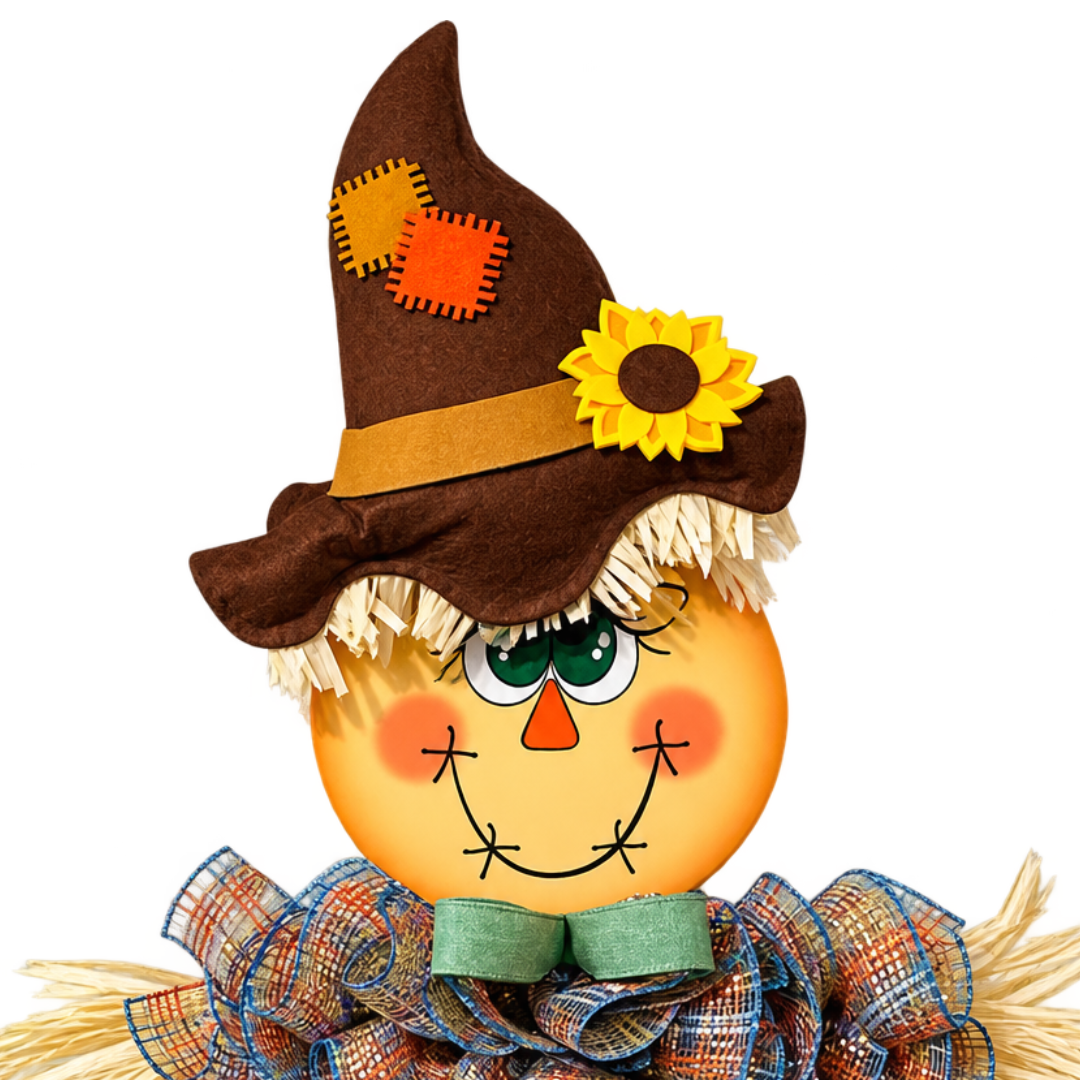 A decorative deco mesh autumn scarecrow door hanger with a round character face, brown hat with a yellow flower, rafia accents, an orange and smoke blue plaid shirt and smoke blue pants by Monkey's Creations. 