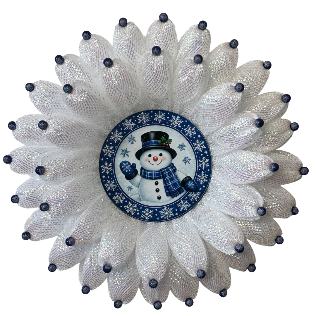White deco mesh beaded 3D flower wreath with a blue snowman center by Monkey's Creations - Christmas in July.