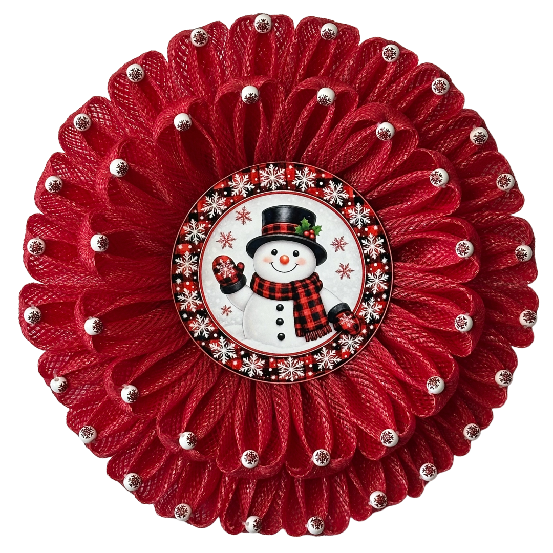 Deco mesh wreath with beaded tips and a wintery buffalo check plaid snowman center by Monkey's Creations.