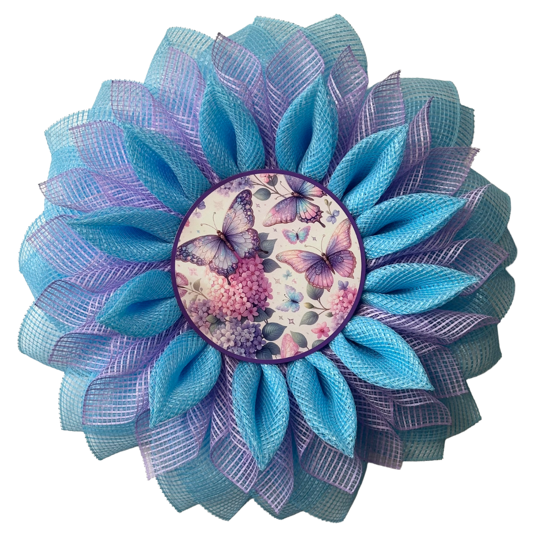 Deco Mesh flower wreath with blue and purple petals and a butterfly metal wreath sign by Monkey's Creations.