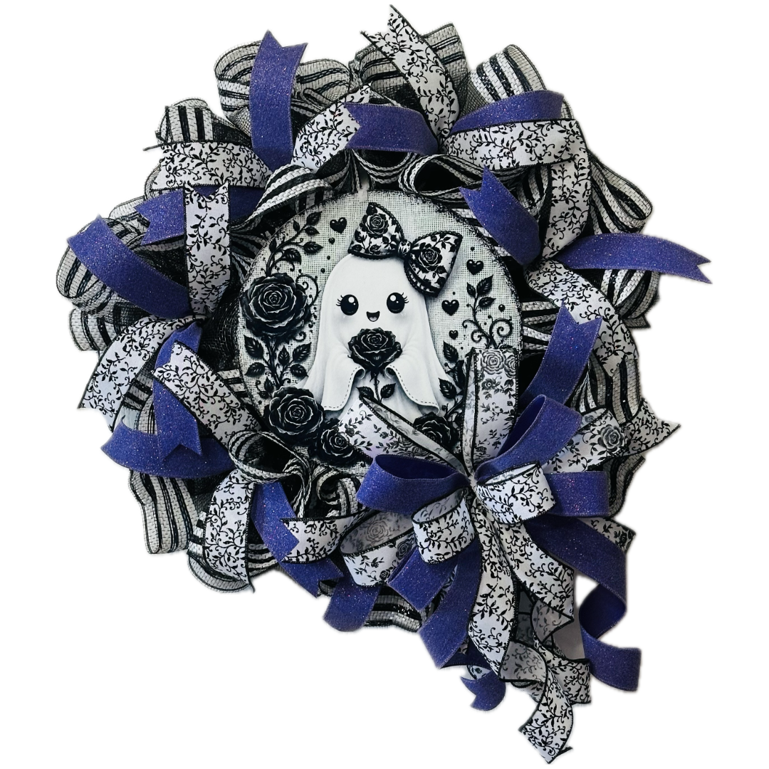 A deco mesh and ribbon wreath featuring a cute ghost with roses metal wreath sign black and white deco mesh and ribbon with purple ribbon by Monkey's Creations. 