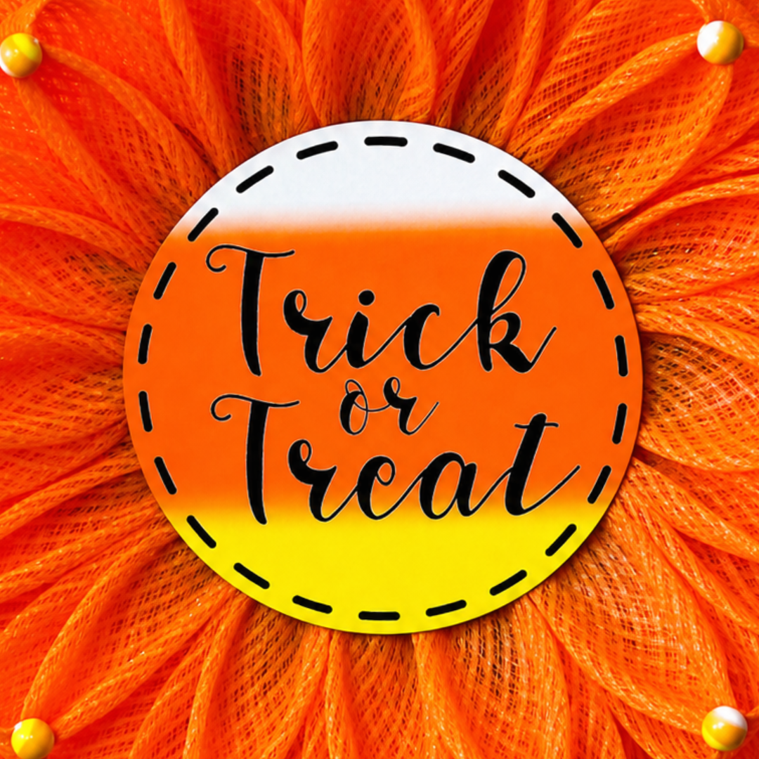 Halloween and candy corn inspired orange, yellow and white deco mesh flower wreath with a trick or treat metal wreath center and wood beaded flower accents by Monkey's Creations. 