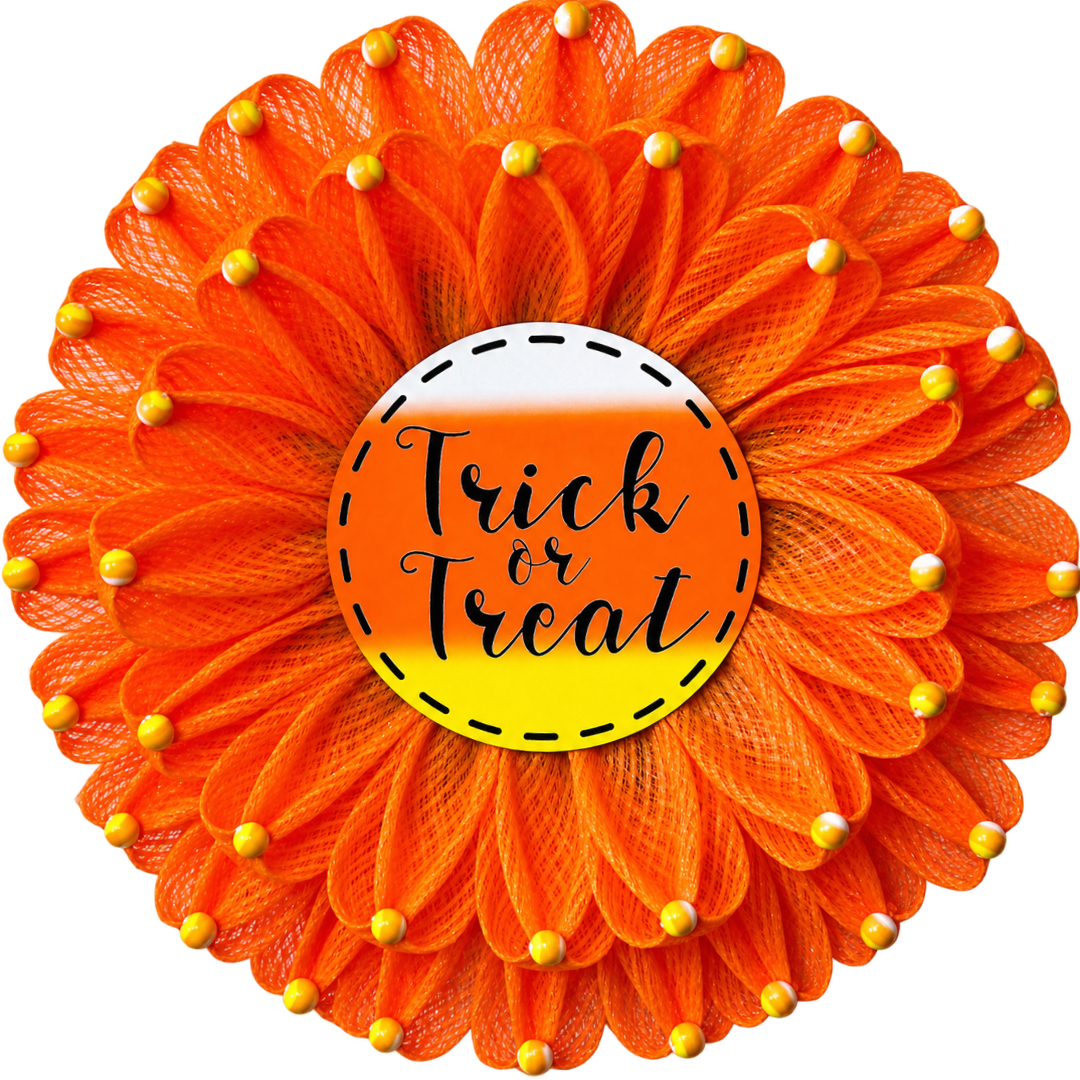 Halloween and candy corn inspired orange, yellow and white deco mesh flower wreath with a trick or treat metal wreath center and wood beaded flower accents by Monkey's Creations. 