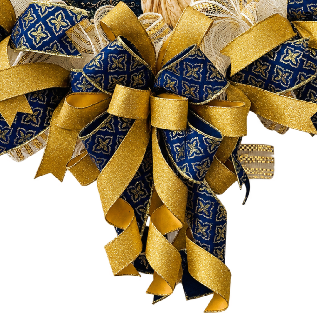 Deco mesh and ribbon rail by Monkey's Creations featuring a praying angel with Christmas blessings in gold and navy blue.