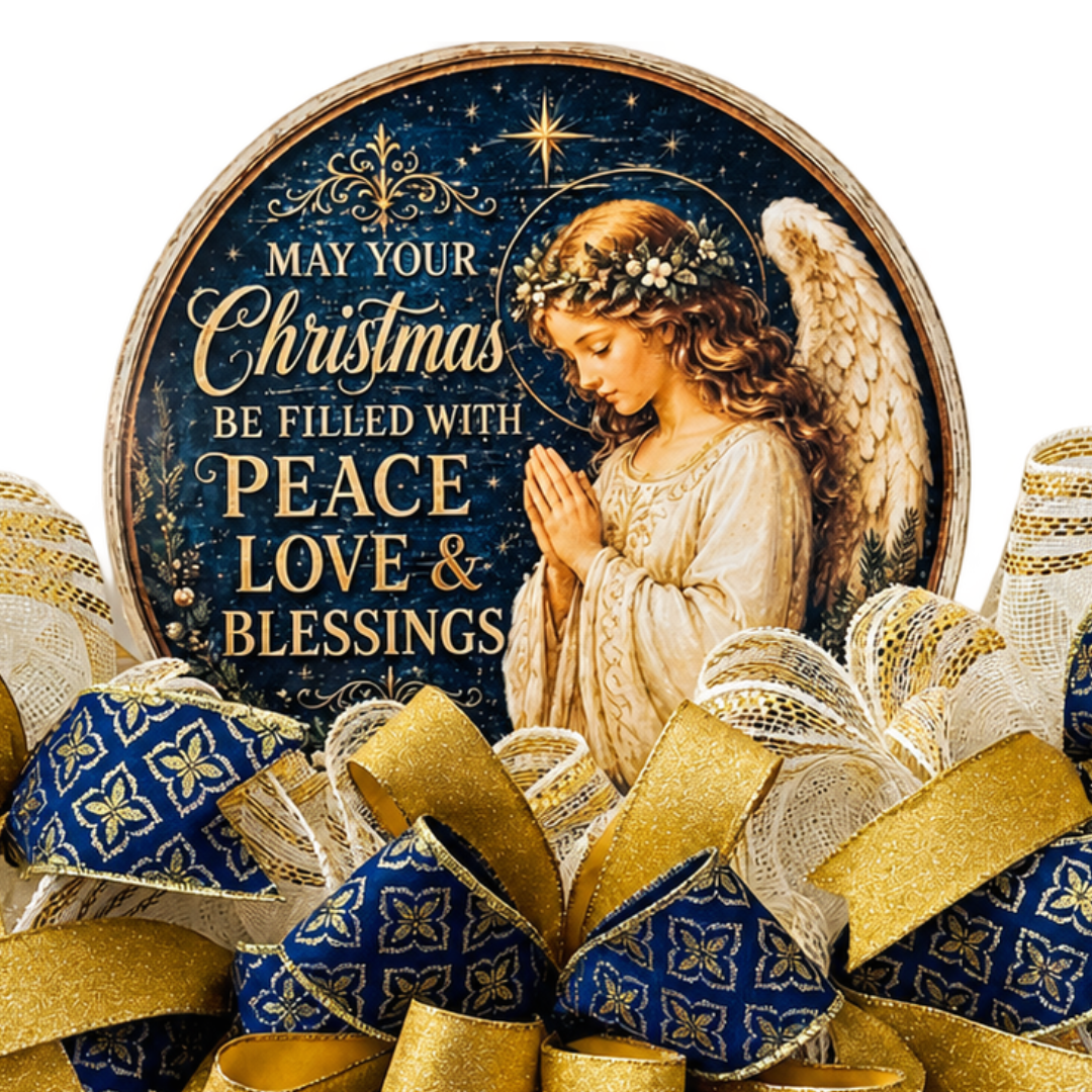 Deco mesh and ribbon rail by Monkey's Creations featuring a praying angel with Christmas blessings in gold and navy blue.