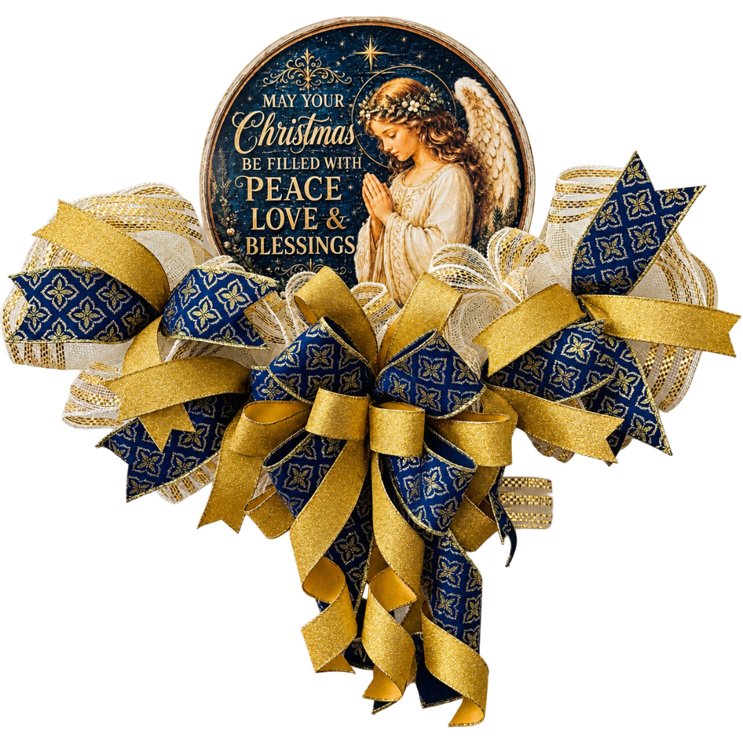 Deco mesh and ribbon rail by Monkey's Creations featuring a praying angel with Christmas blessings in gold and navy blue.