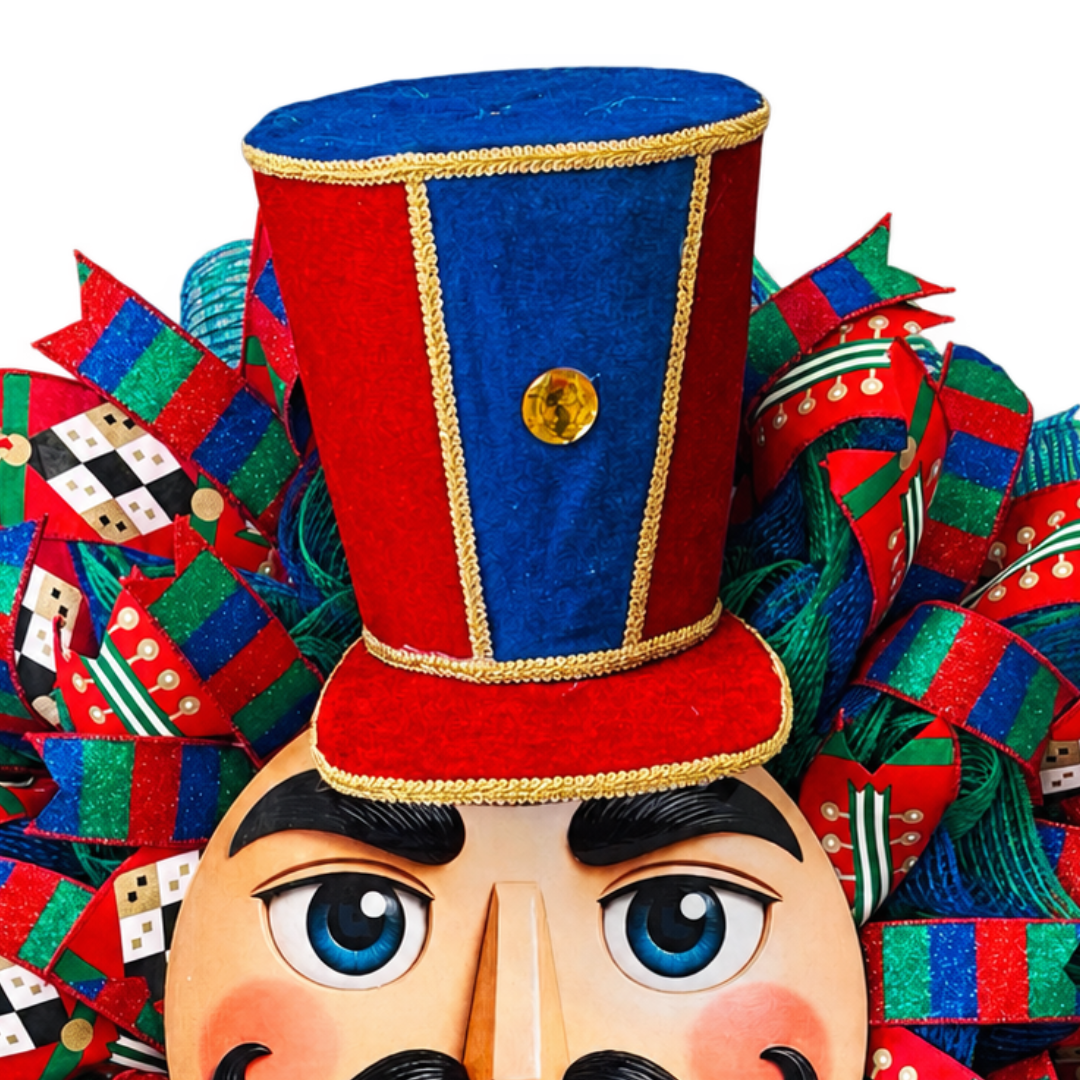 Deco mesh and ribbon nutcracker wreath in red, blue and green with a classic nutcracker face as the wreath center and a faux velvet hat by Monkey's Creations. 