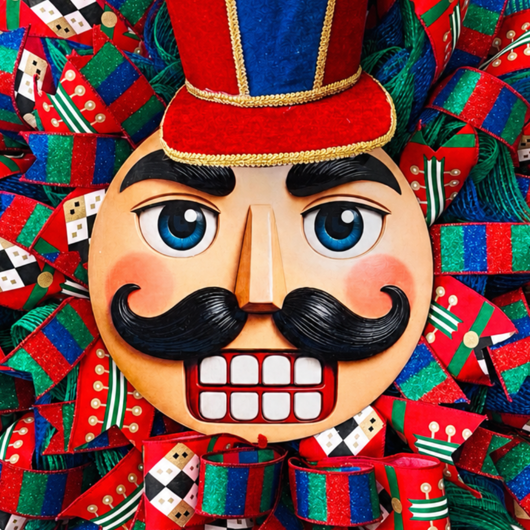 Deco mesh and ribbon nutcracker wreath in red, blue and green with a classic nutcracker face as the wreath center and a faux velvet hat by Monkey's Creations. 