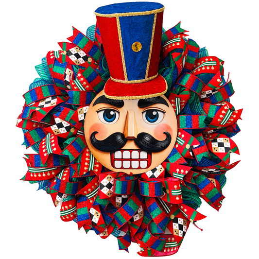 Deco mesh and ribbon nutcracker wreath in red, blue and green with a classic nutcracker face as the wreath center and a faux velvet hat by Monkey's Creations. 