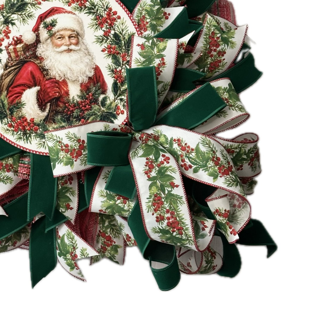 Deco mesh and ribbon wreath by Monkey's Creations featuring a classic vintage style red white and green Santa Claus for Christmas