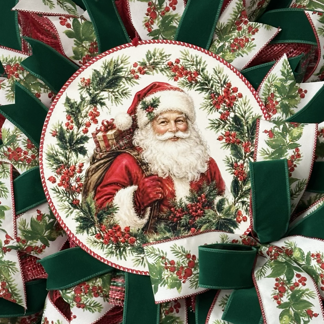 Deco mesh and ribbon wreath by Monkey's Creations featuring a classic vintage style red white and green Santa Claus for Christmas