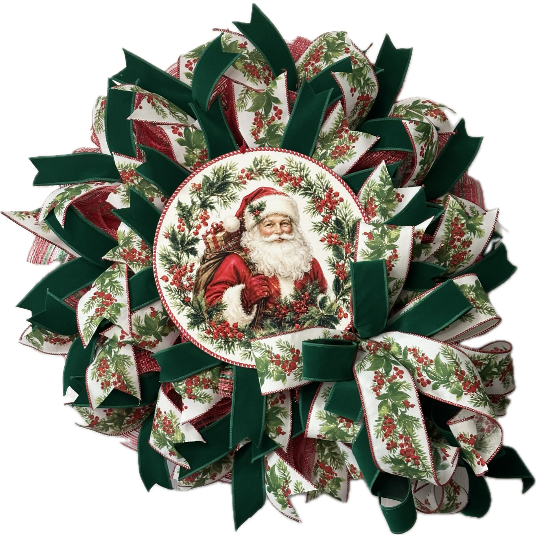 Deco mesh and ribbon wreath by Monkey's Creations featuring a classic vintage style red white and green Santa Claus for Christmas