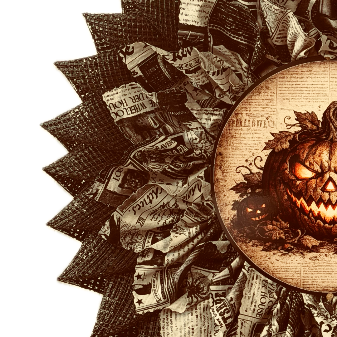 Deco mesh and fabric Halloween flower wreath featuring a sinister jack o lantern metal wreath sign center by Monkey's Creations. 