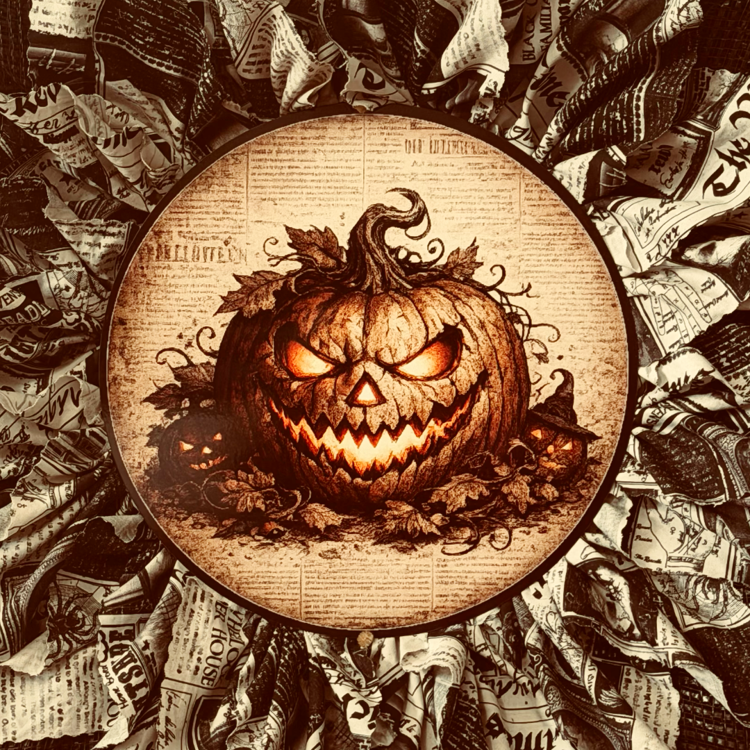 Deco mesh and fabric Halloween flower wreath featuring a sinister jack o lantern metal wreath sign center by Monkey's Creations. 