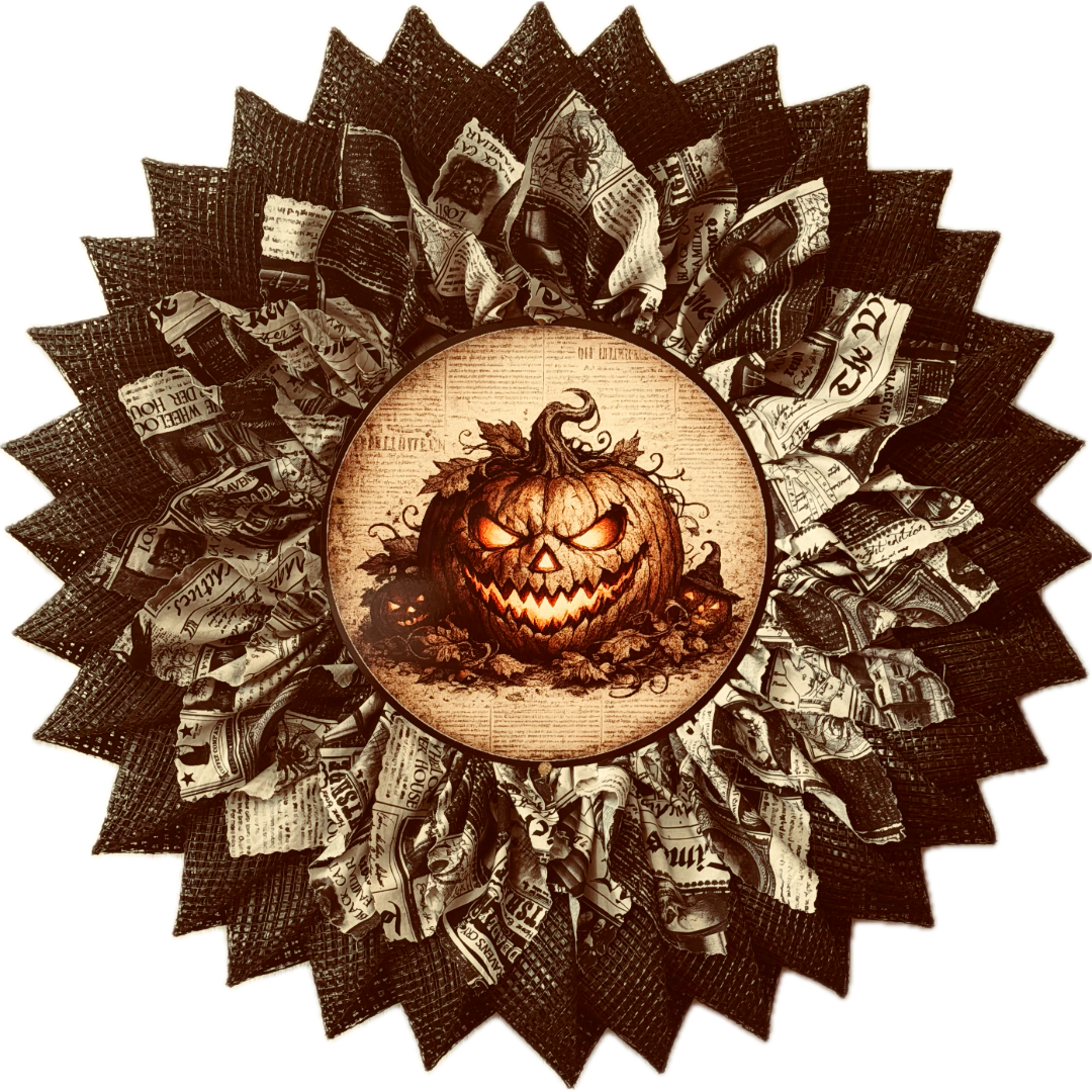 Deco mesh and fabric Halloween flower wreath featuring a sinister jack o lantern metal wreath sign center by Monkey's Creations. 