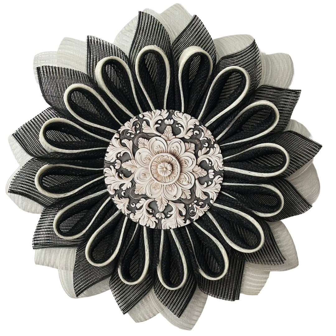Deco mesh flower wreath with black and creme petals and a charcoal and creme ornate center by Monkey's Creations