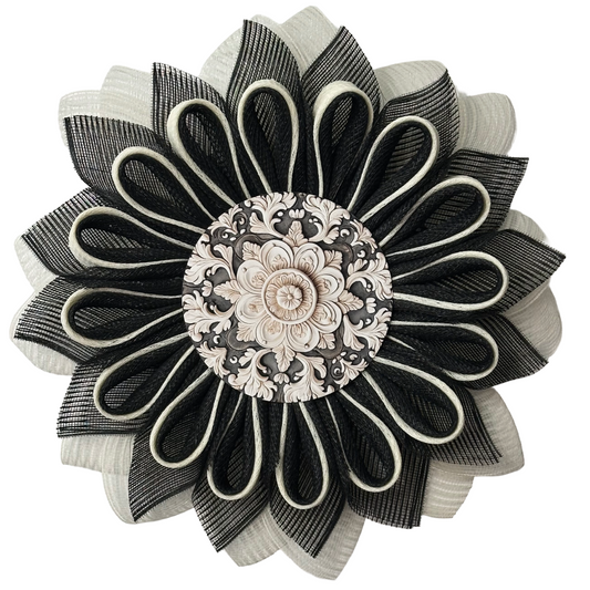 Deco mesh flower wreath with black and creme petals and a charcoal and creme ornate center by Monkey's Creations