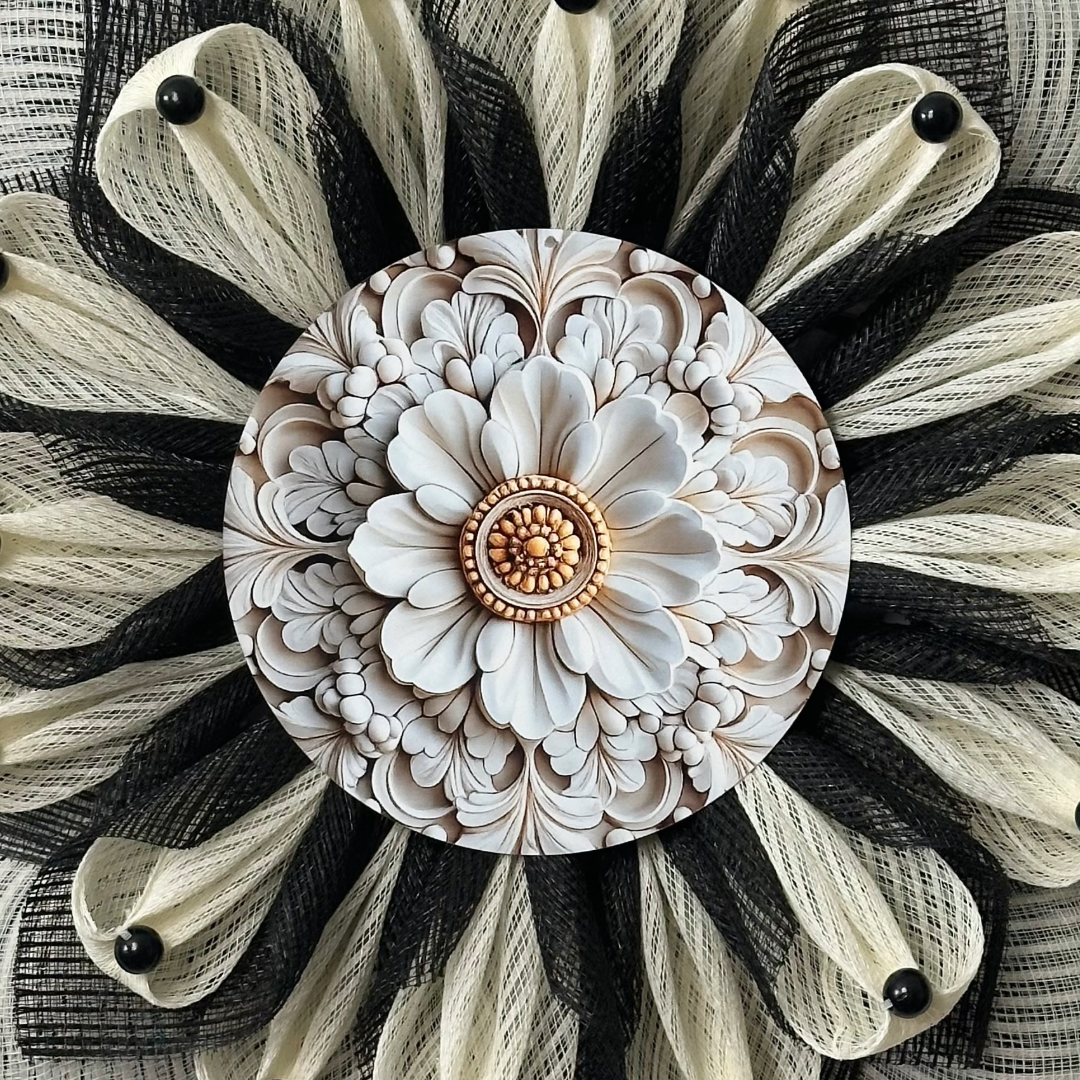 Deco mesh flower wreath with black and creme petals and a white and gold ornate center by Monkey's Creations
