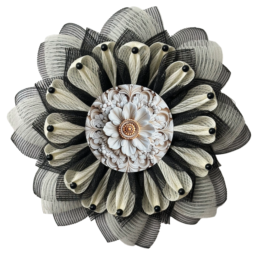 Deco mesh flower wreath with black and creme petals and a white and gold ornate center by Monkey's Creations