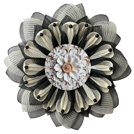 Deco mesh flower wreath with black and creme petals and a white and gold ornate center by Monkey's Creations