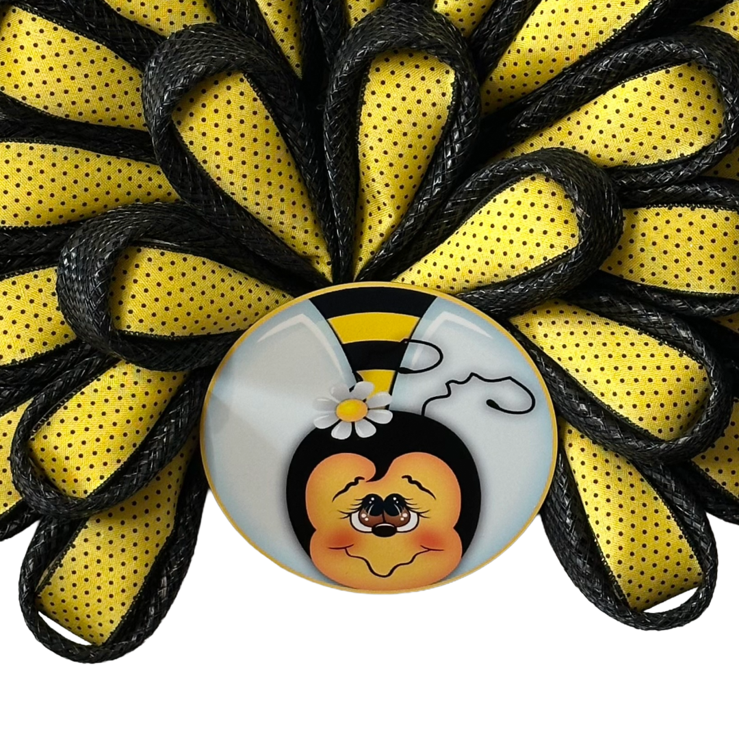 Yellow and black bee inspired daisy chain deco mesh and ribbon wreath by Monkey's Creations. 