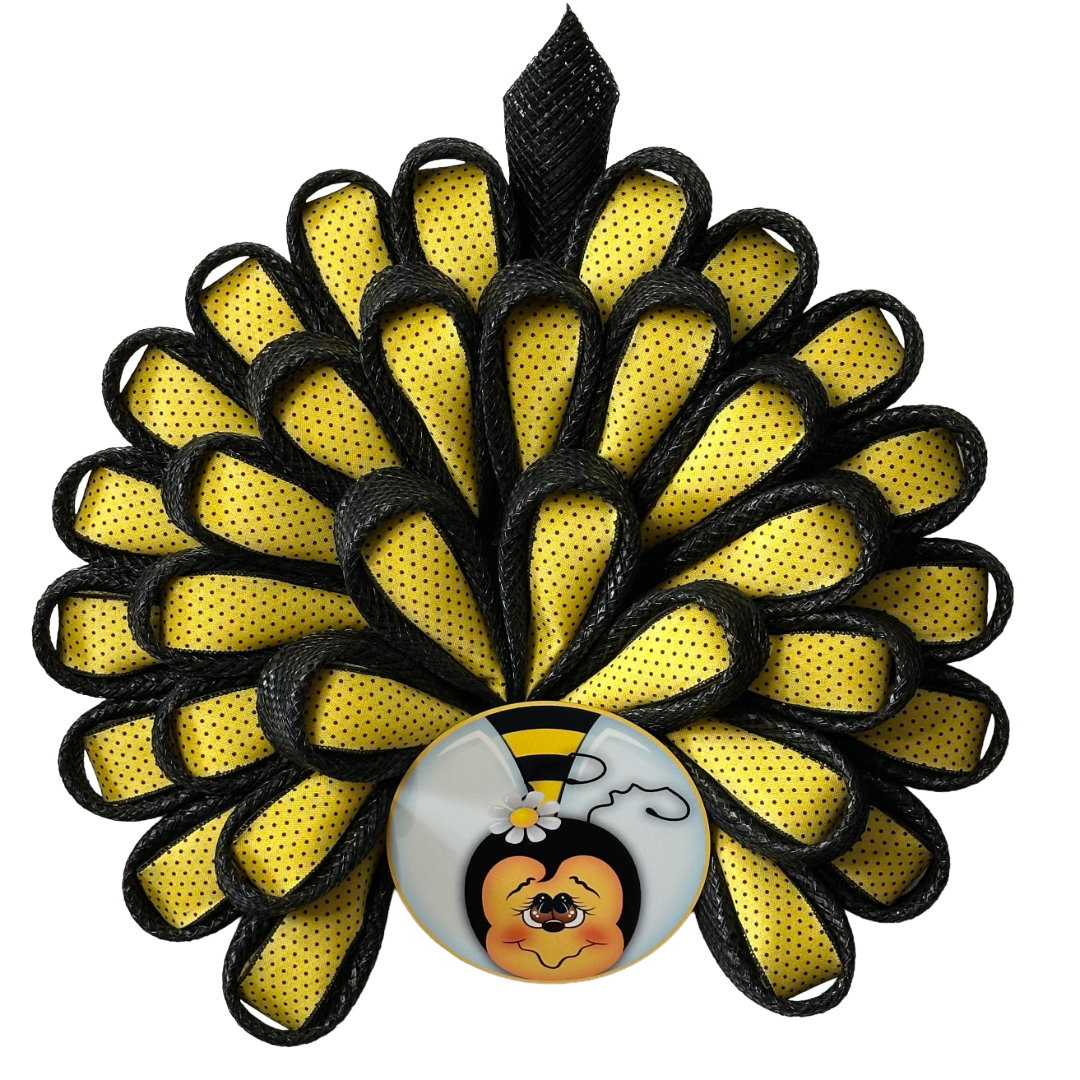 Yellow and black bee inspired daisy chain deco mesh and ribbon wreath by Monkey's Creations. 