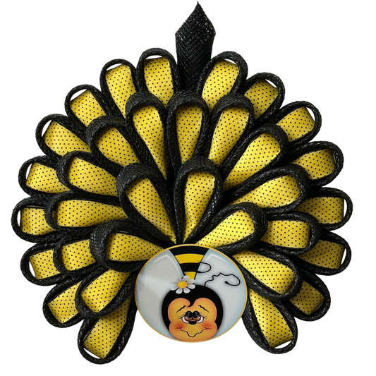 Yellow and black bee inspired daisy chain deco mesh and ribbon wreath by Monkey's Creations. 