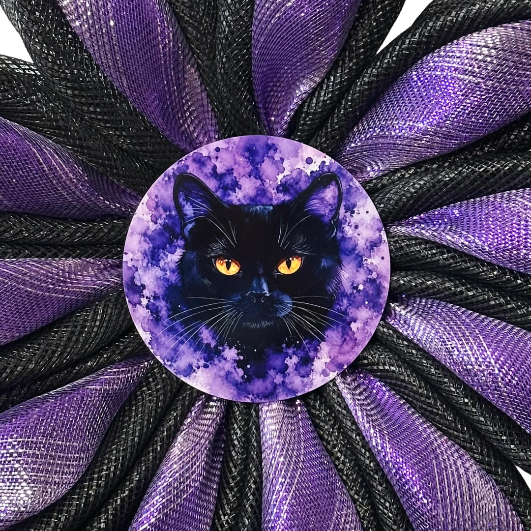 Deco mesh daisy chain flower wreath in purple and black with a black cat metal wreath sign by Monkey's Creations. 