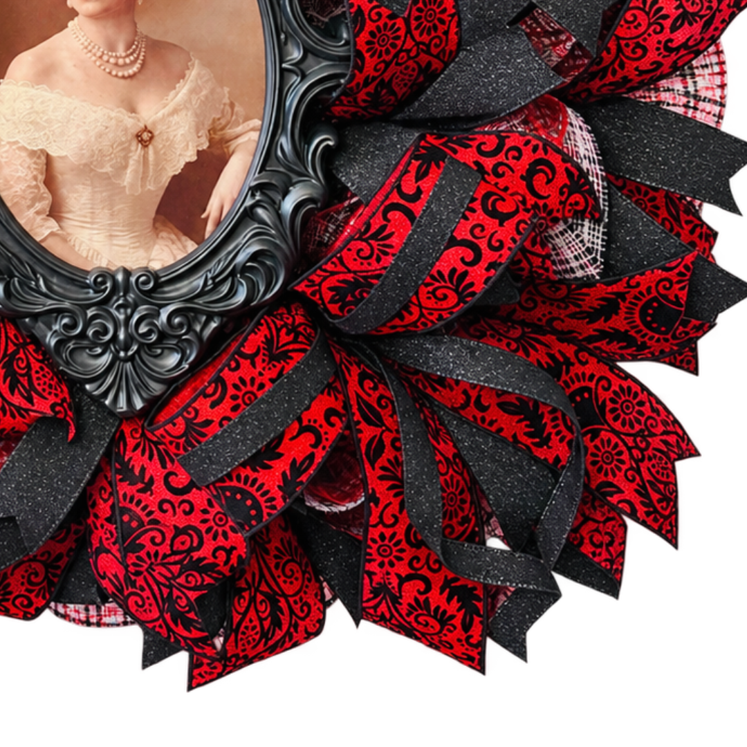 Round red and black vintage damask inspired deco mesh and ribbon wreath with with a photo of a lady in the middle that changes to a creepy skeleton when the viewing angle is changed by Monkey's Creations.