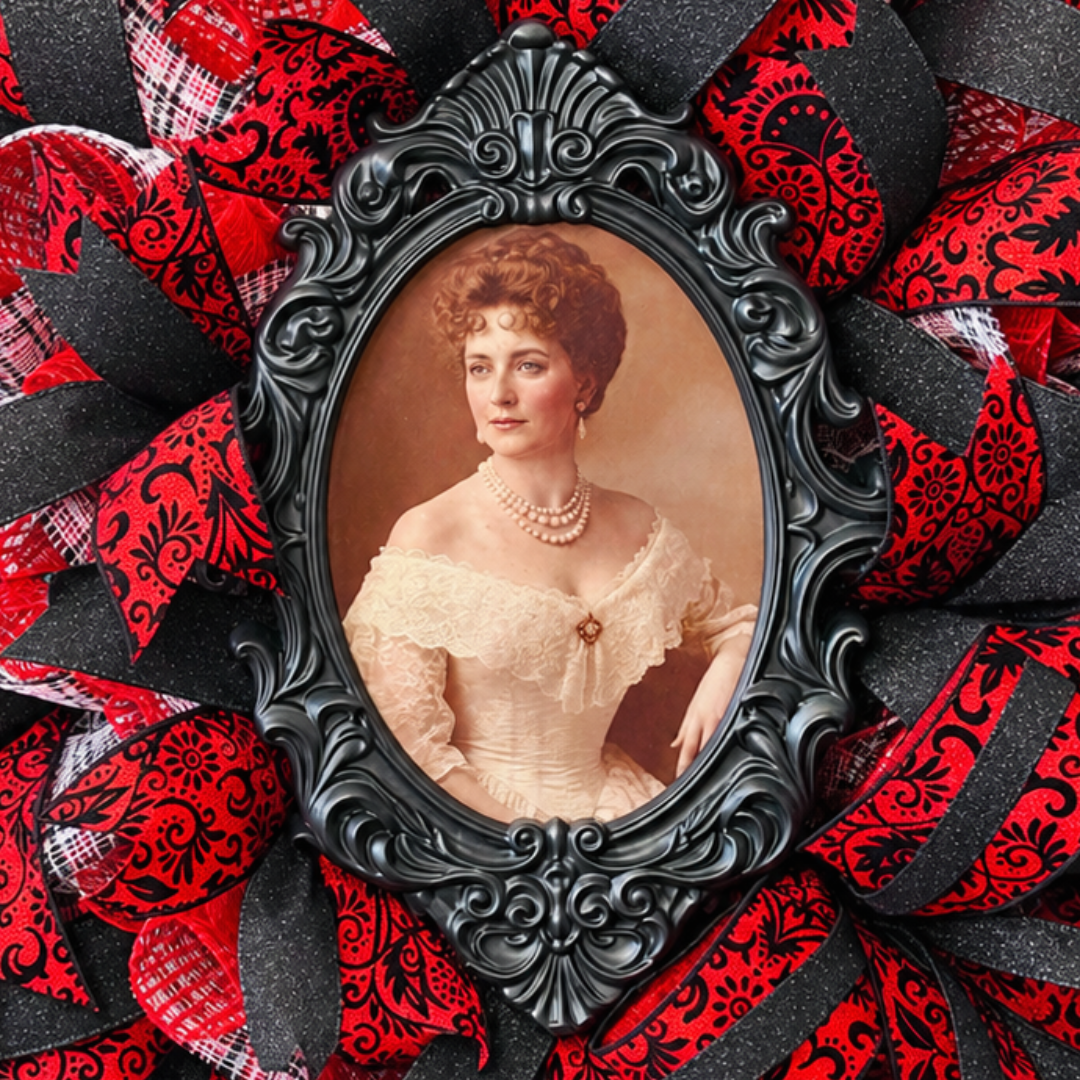 Round red and black vintage damask inspired deco mesh and ribbon wreath with with a photo of a lady in the middle that changes to a creepy skeleton when the viewing angle is changed by Monkey's Creations.
