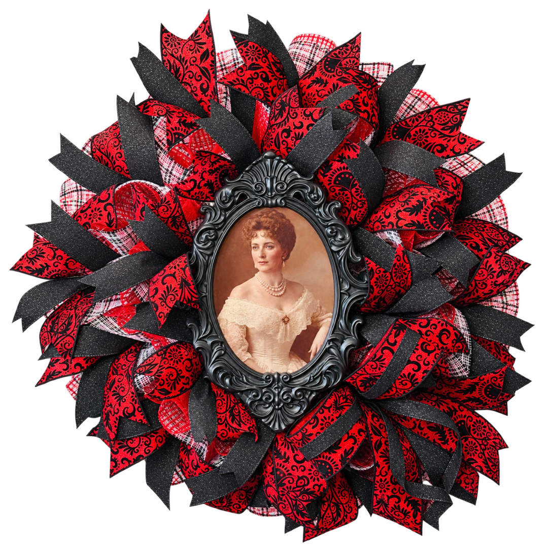 Round red and black vintage damask inspired deco mesh and ribbon wreath with with a photo of a lady in the middle that changes to a creepy skeleton when the viewing angle is changed by Monkey's Creations.