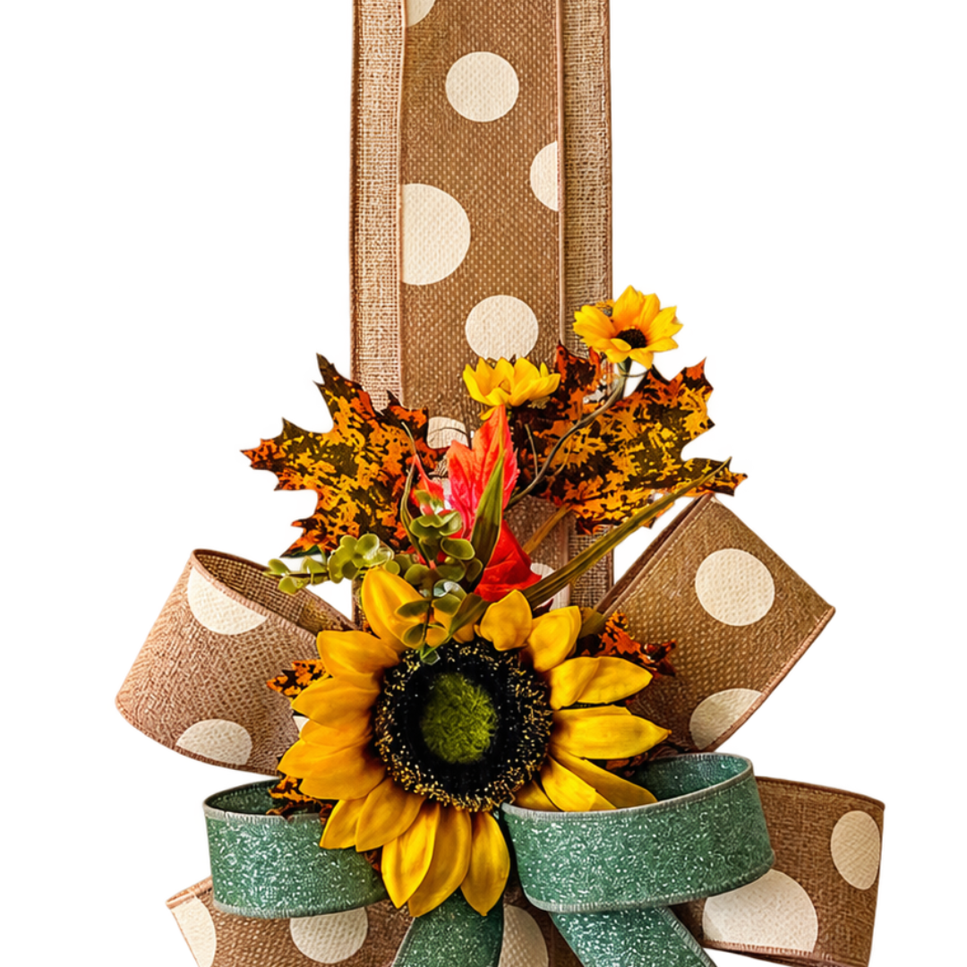 Double autumn themed over the door ribbon swag featuring natural and sage wired ribbon in various sizes with fall foliage and sunflowers by Monkey's Creations.