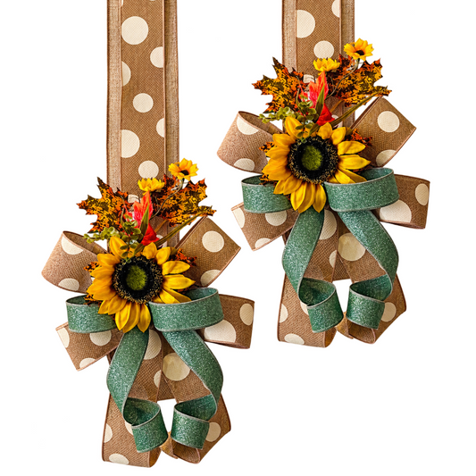 Double autumn themed over the door ribbon swag featuring natural and sage wired ribbon in various sizes with fall foliage and sunflowers by Monkey's Creations.