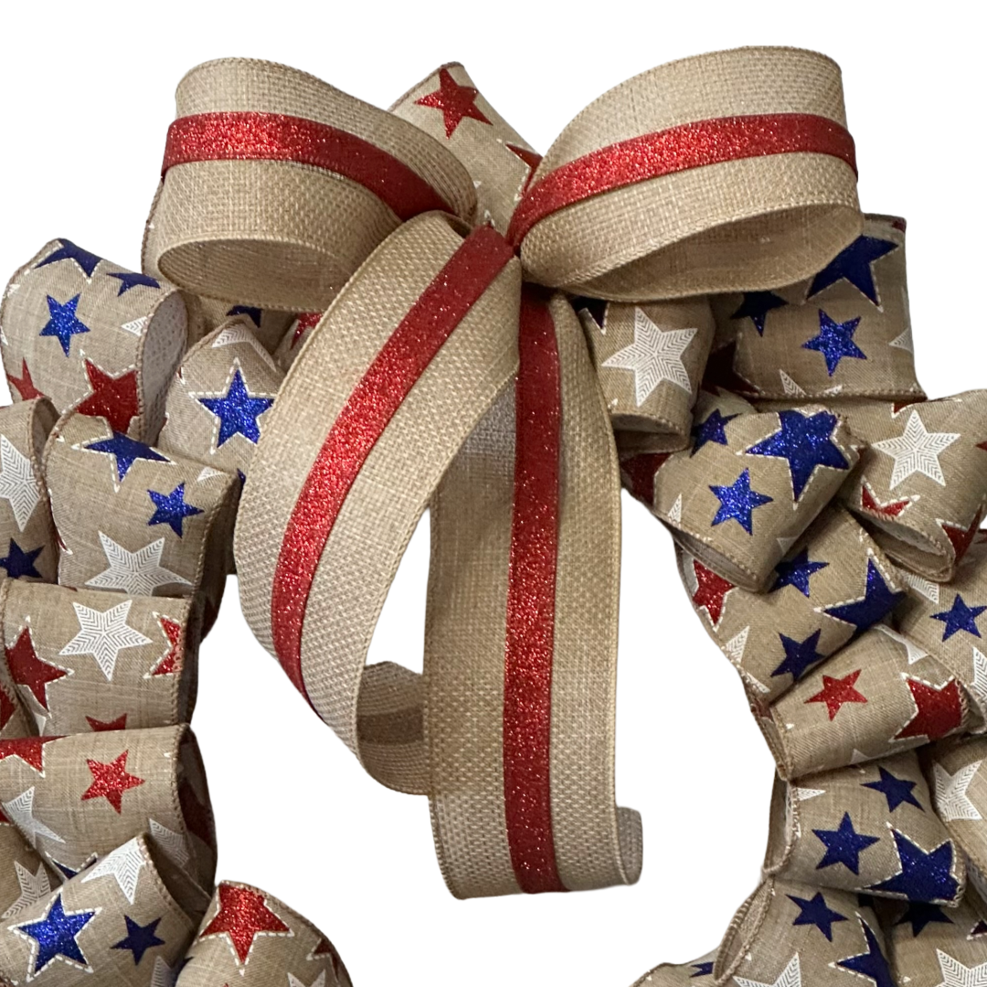 Americana stars on natural deco mesh and ribbon wreath by Monkey's Creations. 