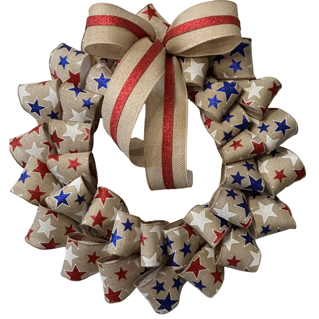 Americana stars on natural deco mesh and ribbon wreath by Monkey's Creations. 