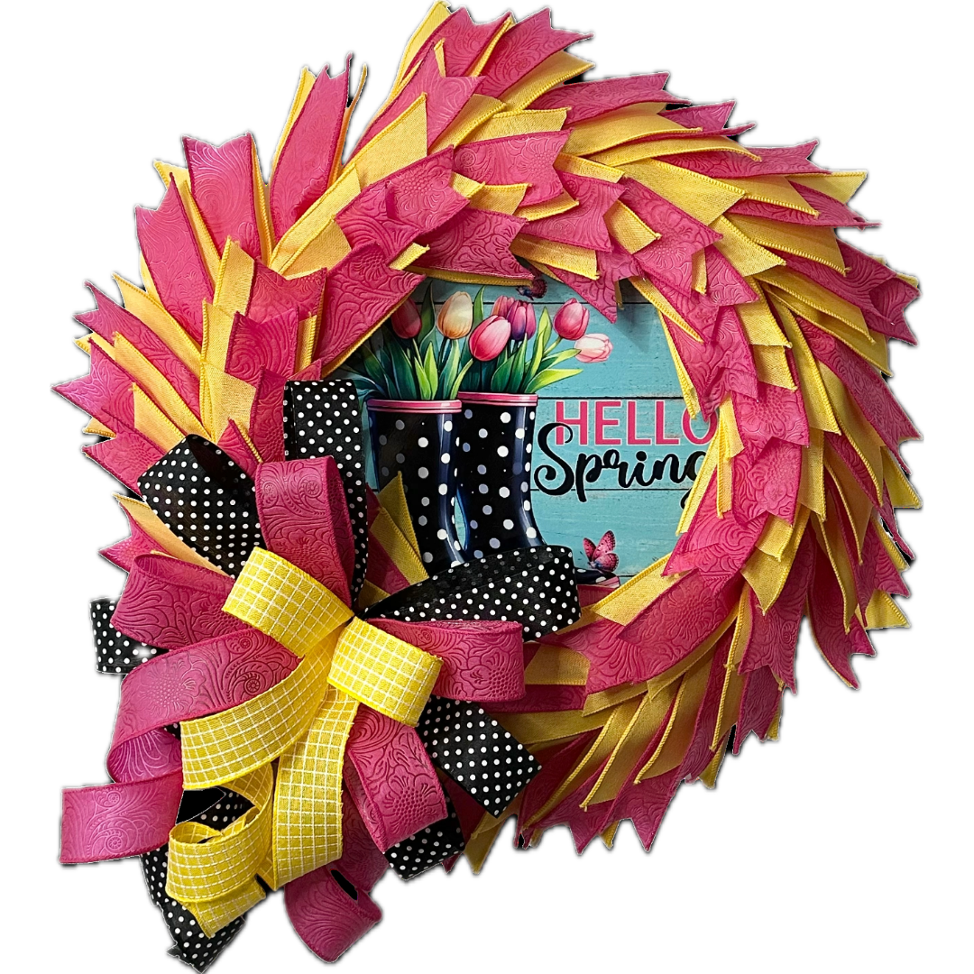 Dollar Tree all ribbon wreath featuring spring themed elements and a large ribbon bow